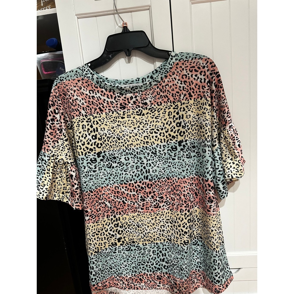 Misslook Women 2XL Leopard Print Ruffle Bell Sleeve Top Multi Color Striped Tee